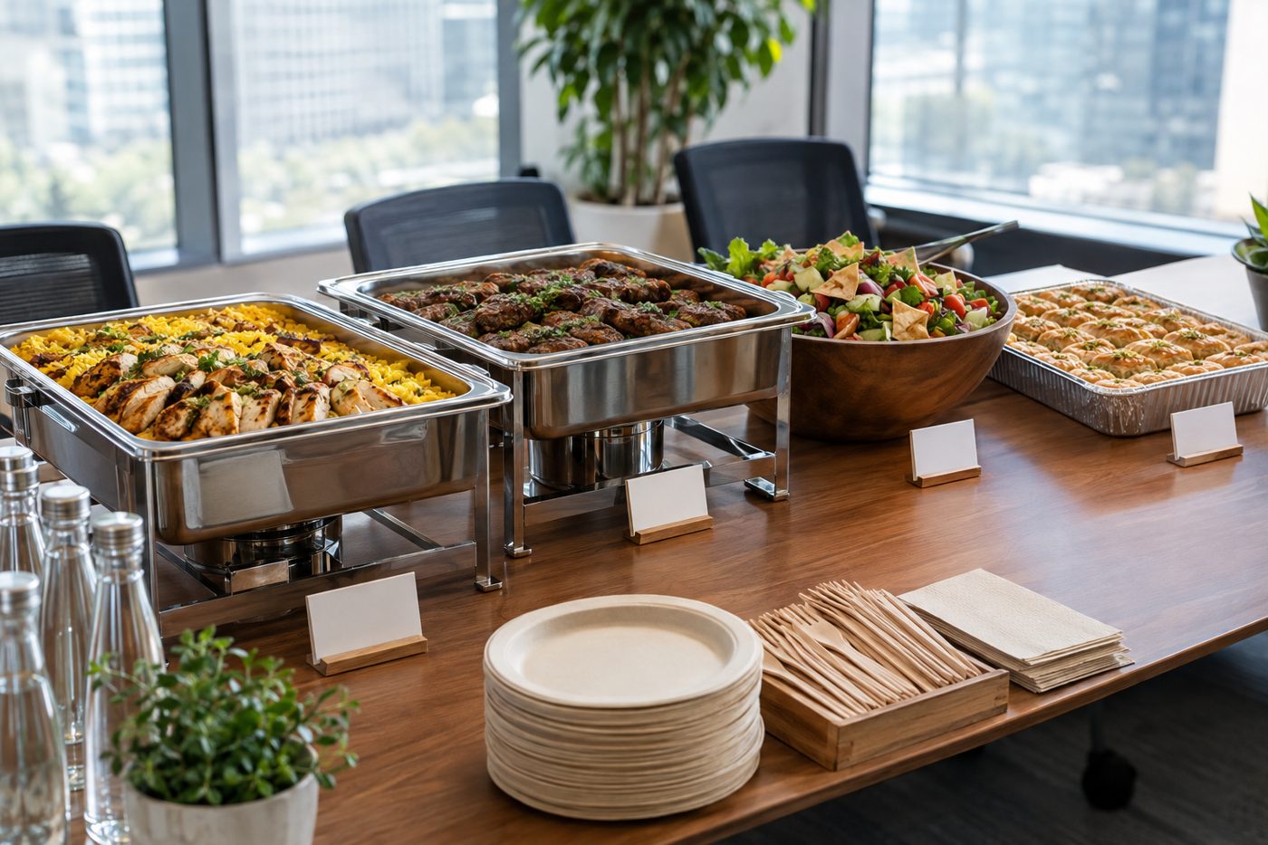 HiPlate team serving a corporate halal lunch line