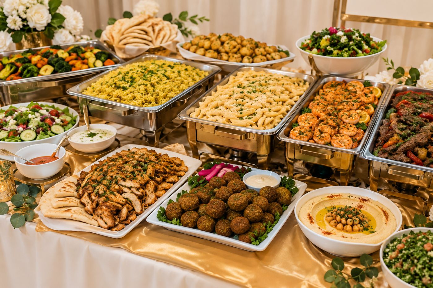 Halal catering buffet spread with grilled chicken, falafel and salads