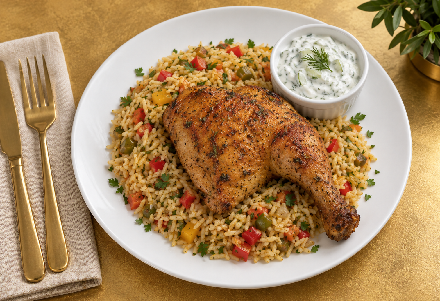 Overhead spread of HiPlate gourmet halal dishes